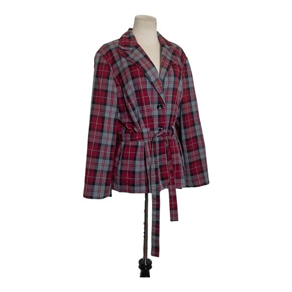 Larry Levine red plaid button belted blazer jacket size XL - Picture 9 of 9